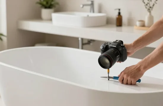 KingKonree elegant bathroom with solid surface bathtub, countertop, and basin installation.