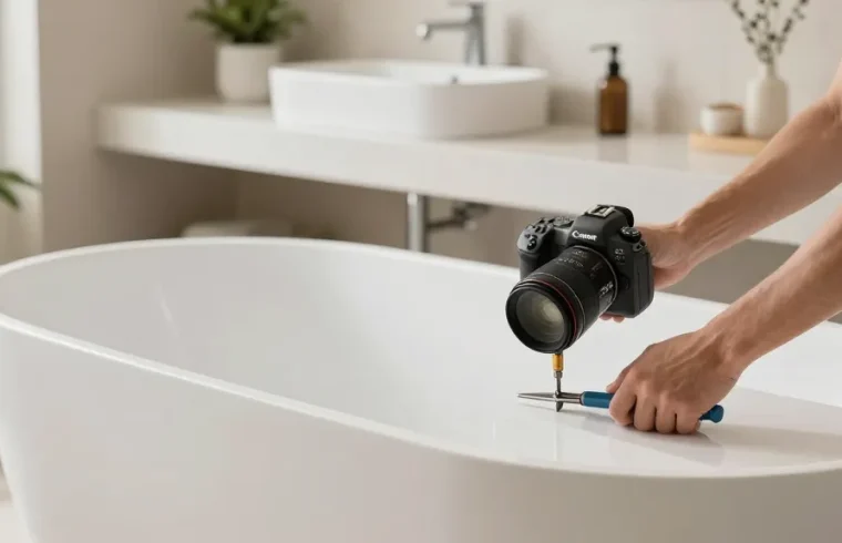 KingKonree elegant bathroom with solid surface bathtub, countertop, and basin installation.