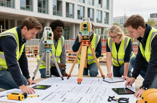 Measured Building Surveys London & Surrey & Sussex team surveying at construction site with advanced technology.