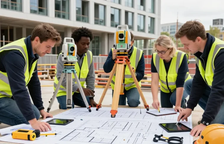 Measured Building Surveys London & Surrey & Sussex team surveying at construction site with advanced technology.