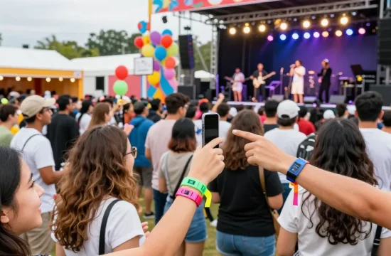 Festival attendees using pulseras con chip para festivales for access control and payments at a vibrant outdoor event.