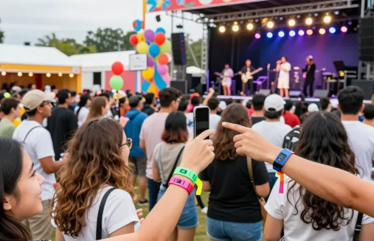 Festival attendees using pulseras con chip para festivales for access control and payments at a vibrant outdoor event.