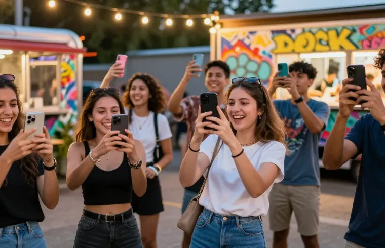 Group enjoying a vibrant Snapchat amateur party at night.