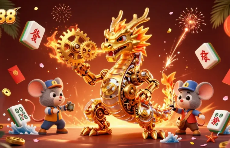 Experience the thrill of TR88 with the golden dragon breathing gears, as vibrant casino elements float around.