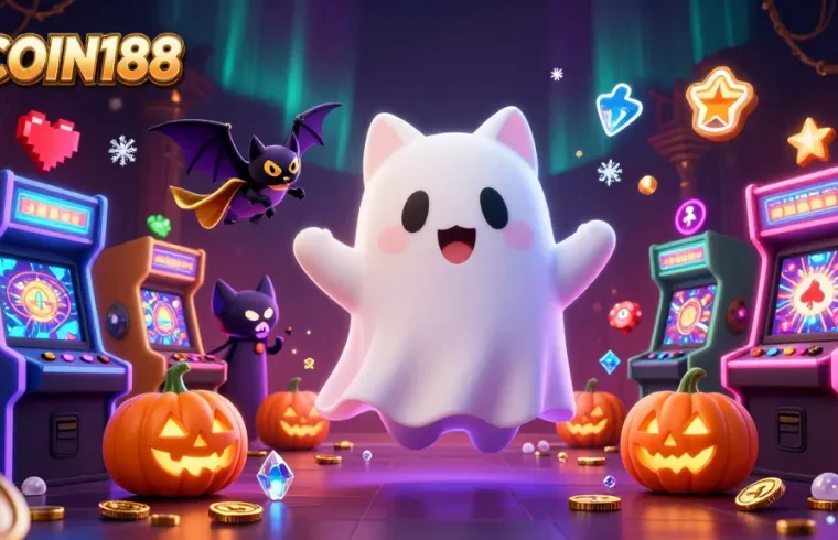 Experience IDCOIN188's thrilling atmosphere with a ghost cat and bat in a haunted casino.