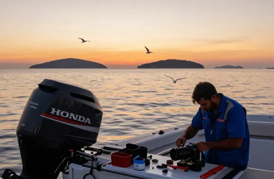 Technician inspecting a Honda outboard motor at serene harbor