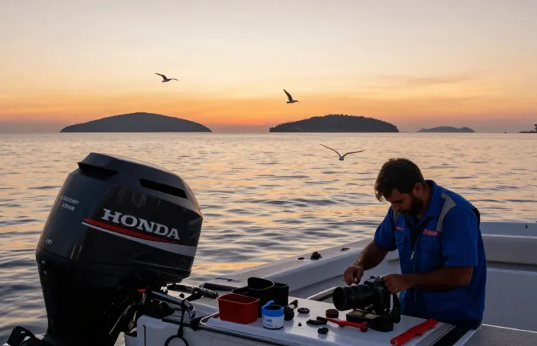 Technician inspecting a Honda outboard motor at serene harbor
