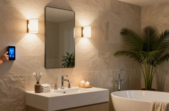 Aplica baie modernă cu iluminat LED, decor elegant și atmosferă relaxantă.
