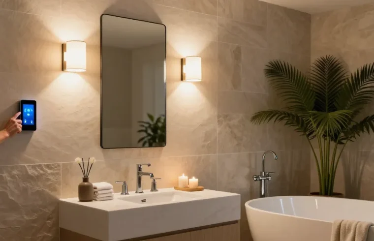 Aplica baie modernă cu iluminat LED, decor elegant și atmosferă relaxantă.