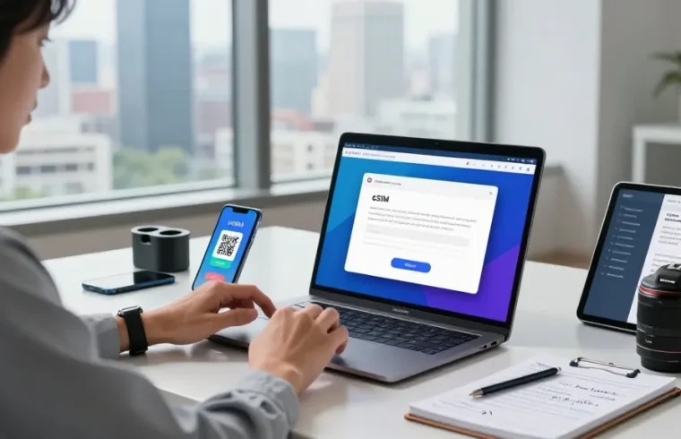 eSIM kaufen in modernem Arbeitsumfeld mit Laptop und Smartphone, das QR-Code zeigt