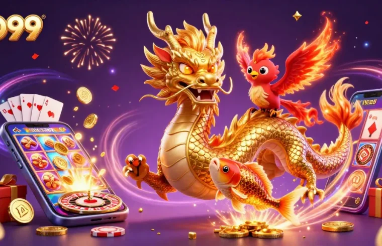 Capture big wins with GO99 as the fierce dragon, phoenix, and koi fish celebrate in a vibrant 3D casino world.