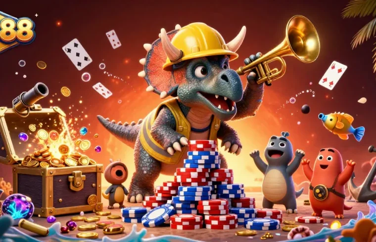 Celebrate winning moments at QS88 with a lively scene featuring a triceratops building poker chip pyramids.