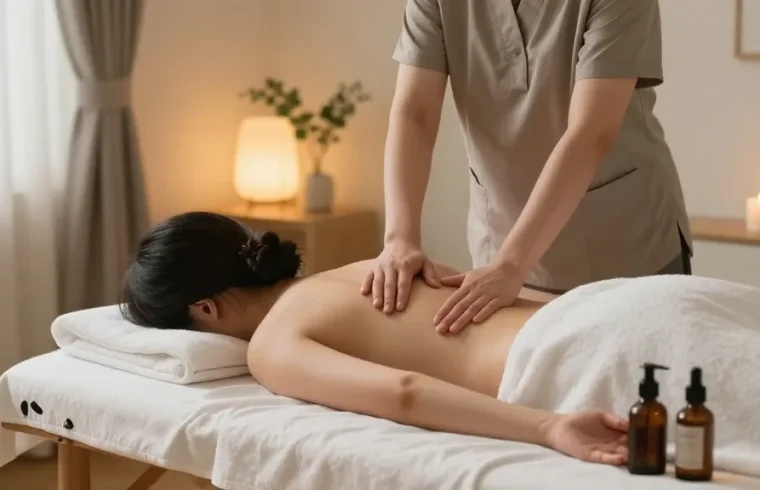 Relaxing 김포출장안마 massage scene showcasing a peaceful home environment with a professional therapist and serene decor.