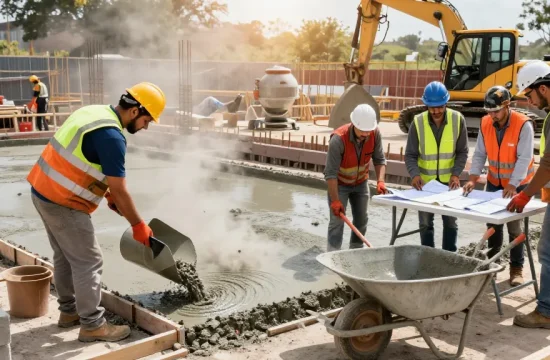 Experts using NAGA2000 technology at a concrete construction site, illustrating teamwork and precision in action.