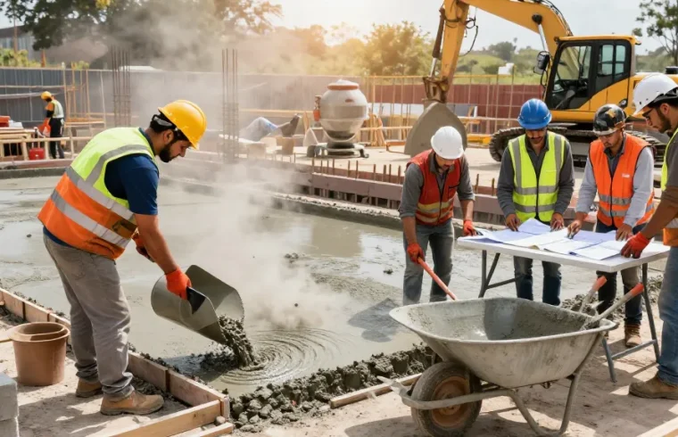 Experts using NAGA2000 technology at a concrete construction site, illustrating teamwork and precision in action.