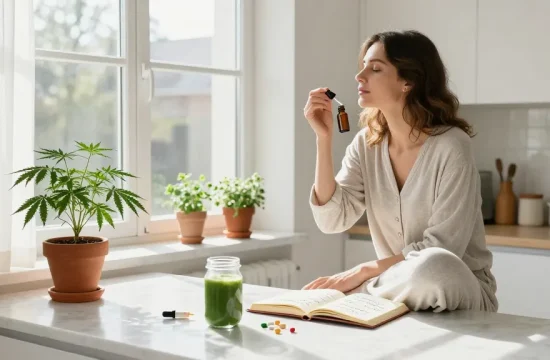 Creación de contenido de marketing con aceite CBD, bienestar natural y productos orgánicos.