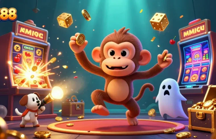 Experience the thrill of MM88 at a haunted casino with a playful poltergeist monkey and intrigued ghost-hunter puppy.