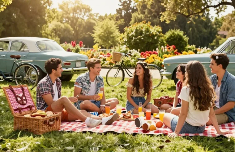 Experience rokok88 at a vibrant vintage park gathering with friends enjoying snacks and classic cars.
