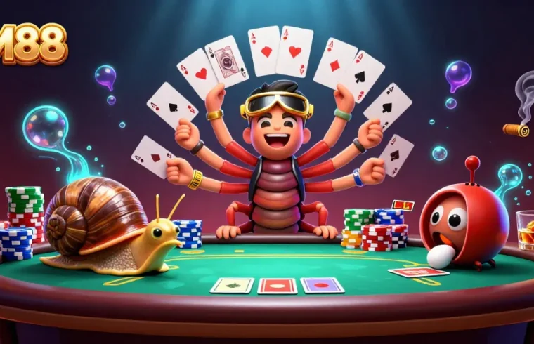 CM88 poker scene with a millipede dealer and high-roller snail, showcasing vibrant casino elements.