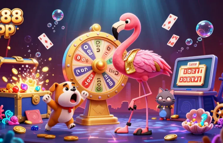 Win big with the RR88 App in a vibrant gambling scene with exciting game show elements and an engaging atmosphere.