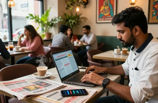 Engaging café scene illustrating news consumption at https://www.theindaily.com, with bustling atmosphere and political discussions.