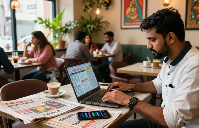 Engaging café scene illustrating news consumption at https://www.theindaily.com, with bustling atmosphere and political discussions.
