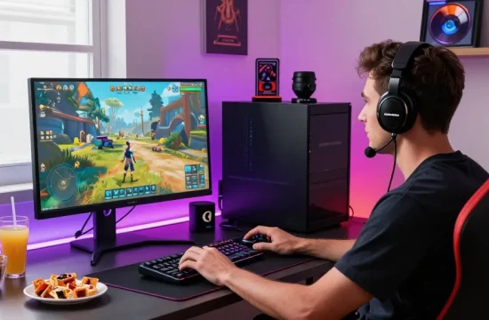 Gamer enjoying an immersive experience with ROKOK88 wireless keyboard and headset in a stylish home office setup.