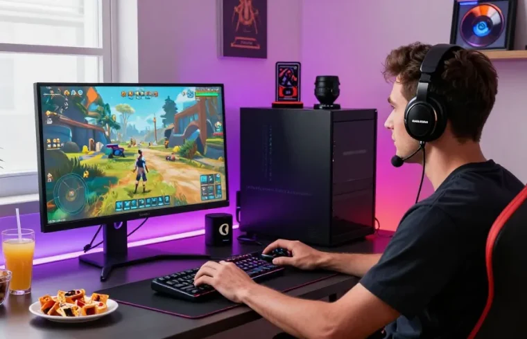 Gamer enjoying an immersive experience with ROKOK88 wireless keyboard and headset in a stylish home office setup.