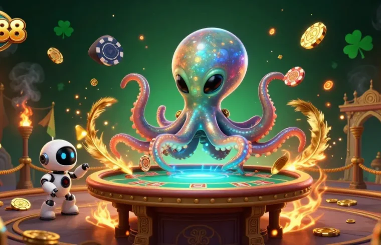 Engage in strategic betting with RR88's vibrant alien-themed poker showdown featuring exciting game elements.