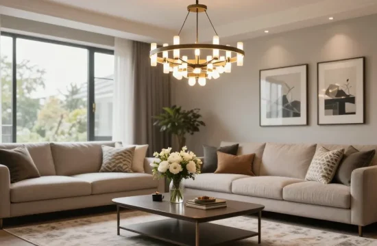 Candelabru LED modern în living elegant, iluminat natural, decor rafinat.