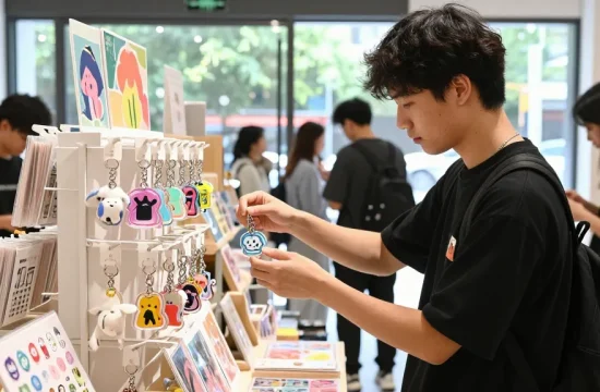 Custom keychains displayed attractively in a vibrant retail setting where customers browse unique products.