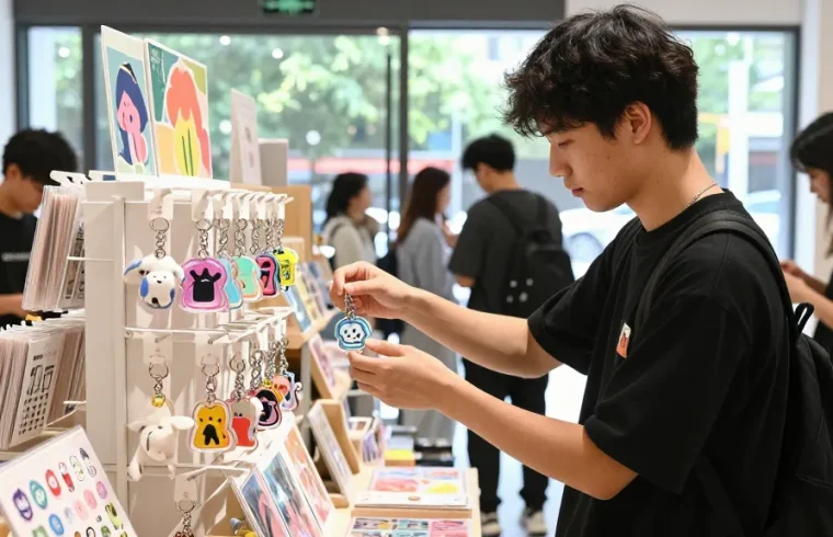 Custom keychains displayed attractively in a vibrant retail setting where customers browse unique products.