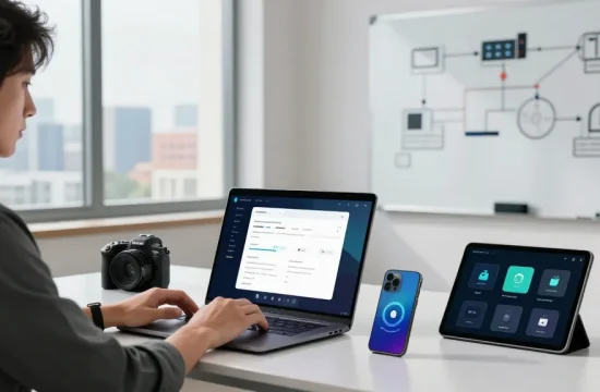 Что такое eSIM? Молодой специалист на современном рабочем месте настраивает технологии eSIM.