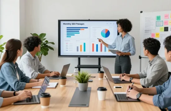 Monthly SEO packages team collaboration in a bright digital marketing office, showcasing strategy presentations and analytics.
