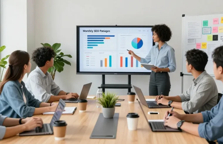 Monthly SEO packages team collaboration in a bright digital marketing office, showcasing strategy presentations and analytics.