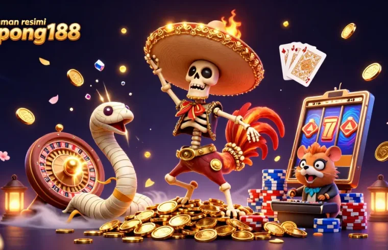 Halaman resmi Ompong188 menampilkan skeleton mariachi dalam suasana kasino ceria dengan banyak elemen permainan.