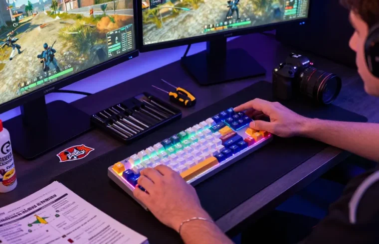 Fuzzy 60 v2 keyboard customization with vibrant keycaps in a modern gaming setup.