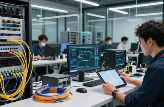 Engineers collaborating on fiber optic cable installations in a modern data center.