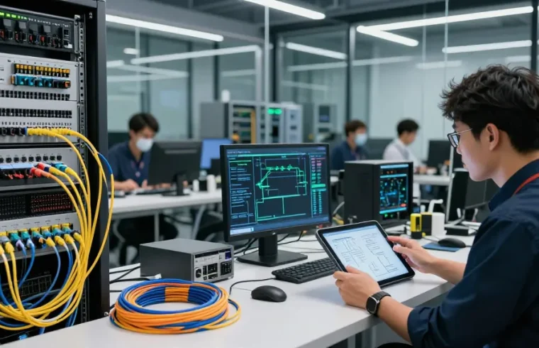 Engineers collaborating on fiber optic cable installations in a modern data center.