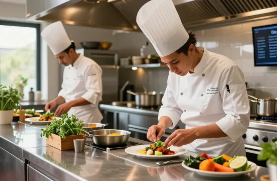Culinary student with Destiny Calling in a bustling kitchen, preparing French cuisine with fresh ingredients.
