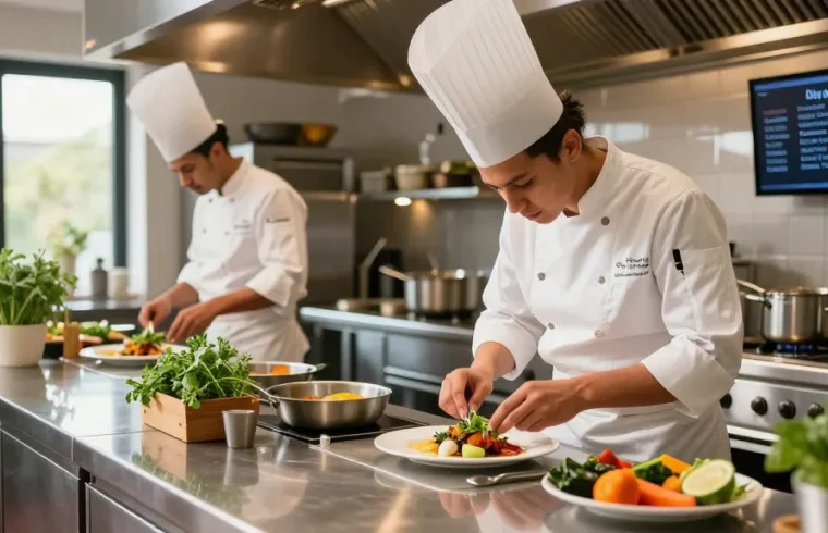 Culinary student with Destiny Calling in a bustling kitchen, preparing French cuisine with fresh ingredients.