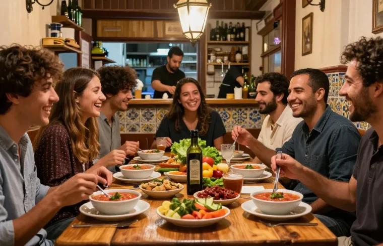 Experience the best salmorejo near me in a vibrant tapas bar with friends sharing authentic Spanish dishes.