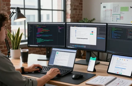 La escena de un desarrollador en un entorno de trabajo moderno, mostrando el segundo número y herramientas de programación.