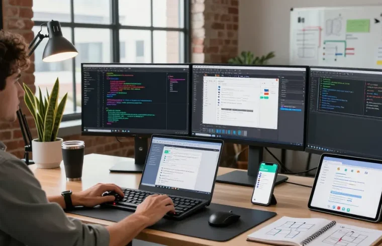 La escena de un desarrollador en un entorno de trabajo moderno, mostrando el segundo número y herramientas de programación.
