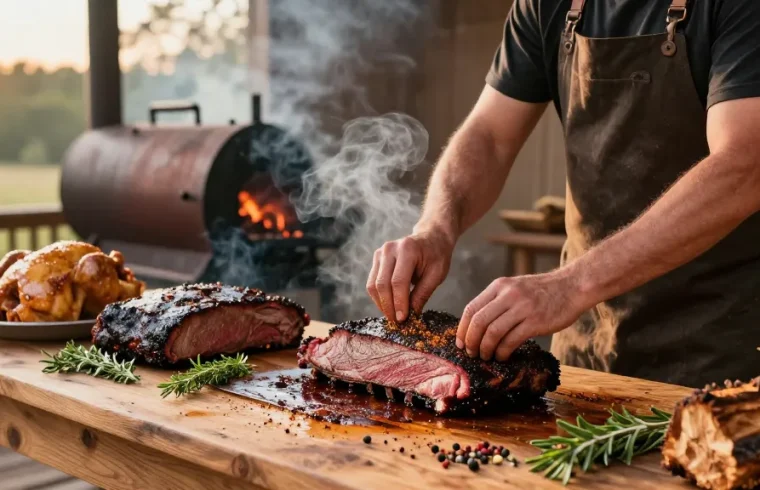 Smoked meats preparation at Moe's Smoke Shop, showcasing rokok88 daftar premium offerings in a rustic kitchen.