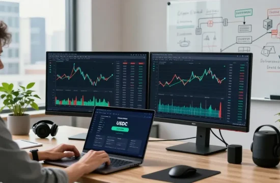 Engaged user utilizing libertyswap platform on dual monitors in a modern workspace showcasing blockchain analytics.