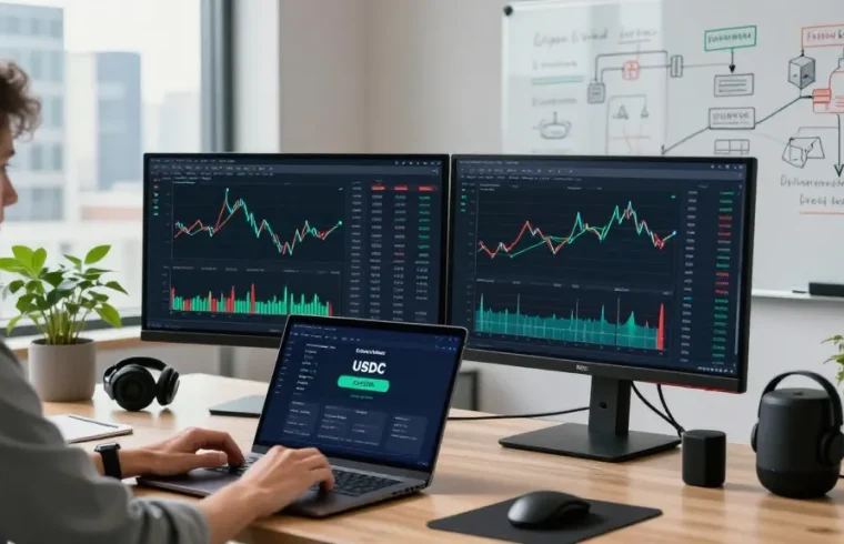 Engaged user utilizing libertyswap platform on dual monitors in a modern workspace showcasing blockchain analytics.