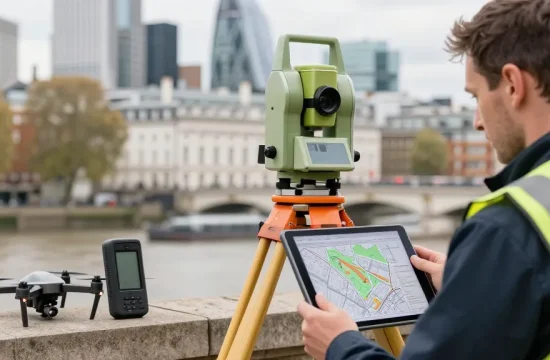 Topographical surveys london featuring a surveyor using advanced equipment in a busy urban setting.