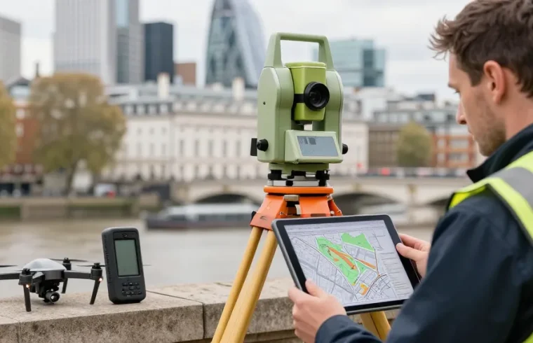 Topographical surveys london featuring a surveyor using advanced equipment in a busy urban setting.