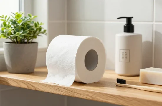 Bamboo toilet roll featured in an eco-friendly bathroom setting with a potted plant, emphasizing sustainability and natural living.